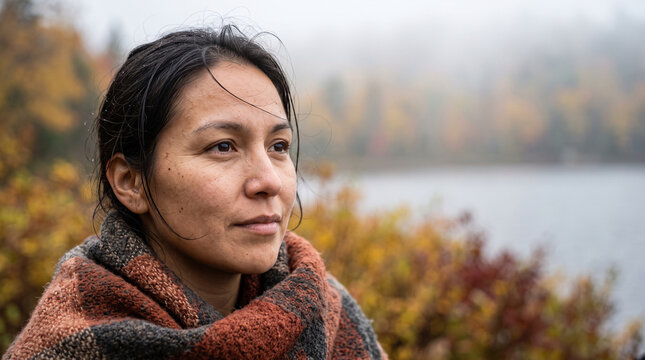 Woman gazes softly toward misty lake. Damp hair frames her thoughtful expression. Falls of autumn colors surround her. Cozy scarf wraps her shoulders warmly. Mist veils distant trees and water's edge