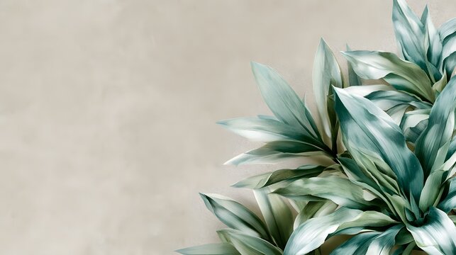 A cluster of green and white variegated leaves arranged diagonally against a textured beige background