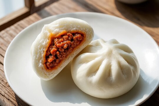Steamed Chinese bao buns with savory meat filling on white plate. One bun cut open showing delicious pork stuffing. Traditional Asian dim sum snack served on wooden table for breakfast tasty street