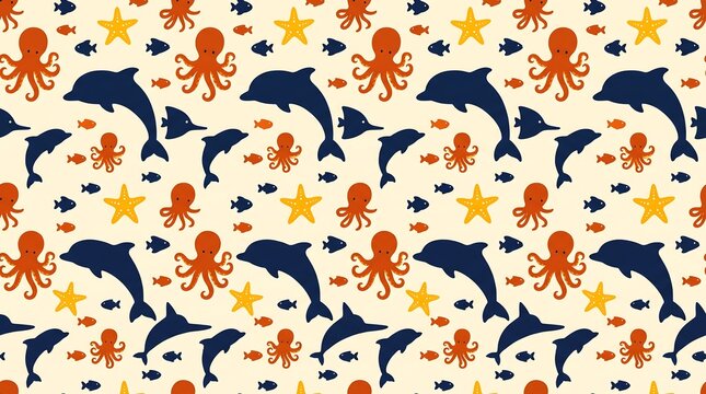 Seamless marine sea life pattern with blue dolphins orange octopuses yellow starfish
