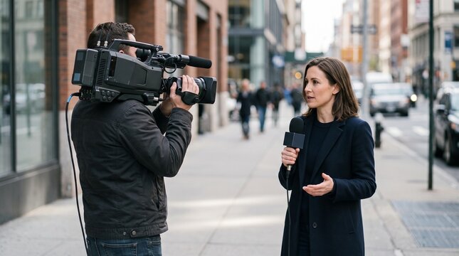 Female TV news reporter holding a microphone while conducting an outdoor broadcast with a professional cameraman on a busy city street, depicting live media journalism.