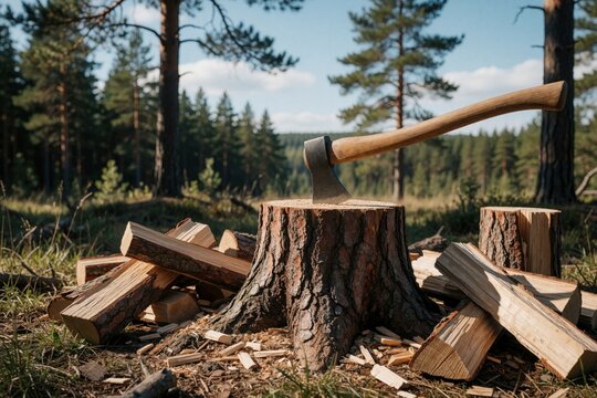 Sharp axe stuck in tree stump in sunny forest. Split firewood logs lie around woodpile on ground. Manual labor for campfire preparation in wild nature. Timber worker tools for logging, heating home