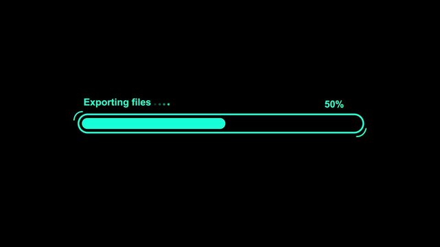 Flat vector animated file export progress bar with loading indicator and status text. Ideal for software interfaces, file transfer, data export, and technology motion graphics.