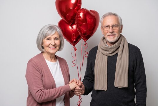 &Auml;lteres Ehepaar schaut sich verliebt an, Herzluftballons und verschr&auml;nkte H&auml;nde, romantisches Portrait zum Valentinstag 