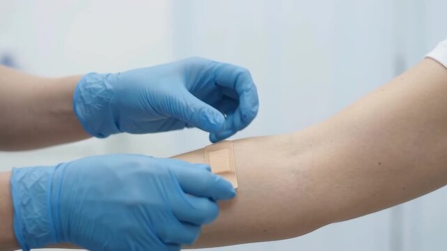 Close up of doctor hands in gloves applying adhesive bandage plaster to patient arm