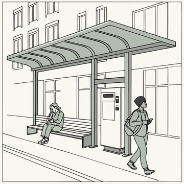 People waiting at urban bus stop shelter on city street with station