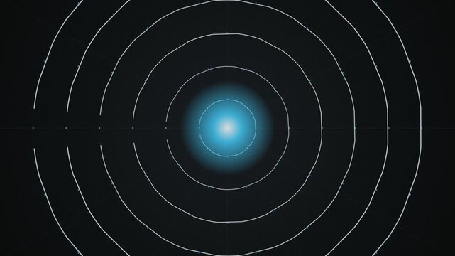 Concentric orbital rings glowing blue core seamless loop