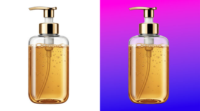 Transparent cosmetic soap bottle with golden pump realistic