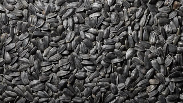 Black sunflower seeds texture organic background. Top view of black sunflower seeds backdrop. Full frame organic seeds background for healthy snack food concept, oil production and agricultural design