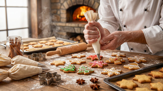 Reposter&iacute;a navide&ntilde;a artesanal con galletas decoradas, ingredientes naturales y luz c&aacute;lida, perfecta para publicidad gastron&oacute;mica y recetas festivas.