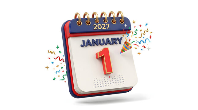 Isometric 3D glassmorphism January 1 2027 calendar icon with party popper and confetti isolated on white background
