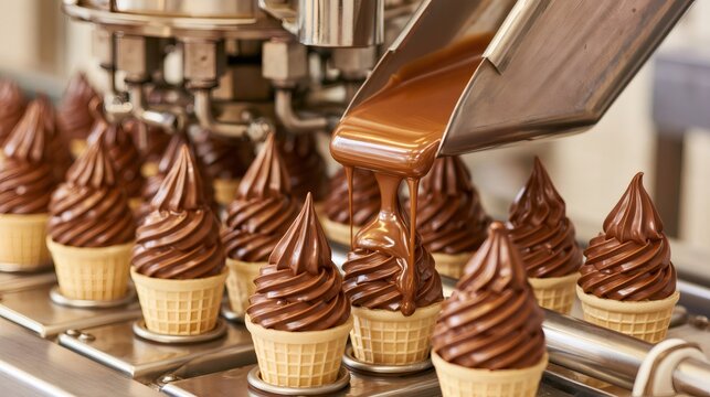 Chocolate soft serve ice cream production line filling waffle cones