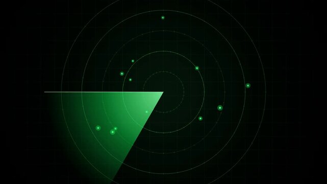 Green radar display screen sweeping target blips seamless loop
