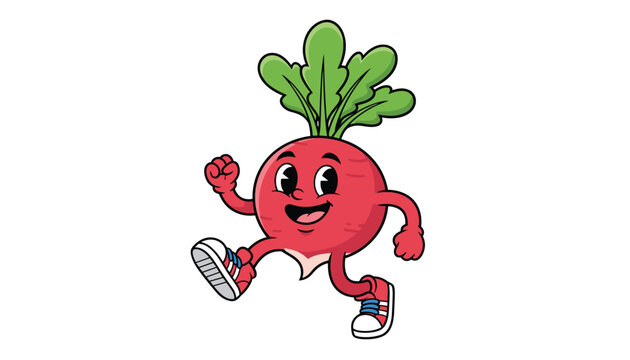 Cute radish vegetable cartoon mascot character running energetically in sneakers vector illustration retro cartoon style.