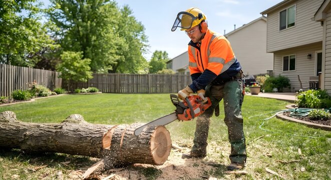 Man in Protective Gear Cutting Tree Log with Chainsaw in Backyard Lawn