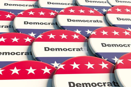 Democratic party badges with stripes and stars of the United States, U.S. politics and government. Election campaigns, United States Congress, voting, political rally, U.S. elections.