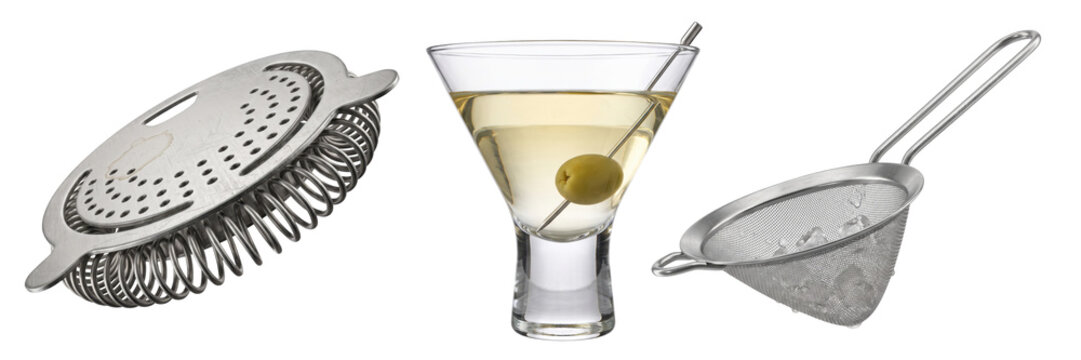 Set of bar strainers and martini glass isolated on a transparent or white background. Professional cocktail preparation, classic nightlife alcoholic beverage and mixology art.