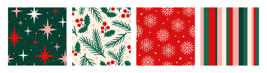 Fototapeta premium Set of seamless Christmas patterns featuring festive stars, snowflakes, holly berries, evergreen branches and colorful stripes. Flat vector designs in traditional red, green, cream and pink colors for