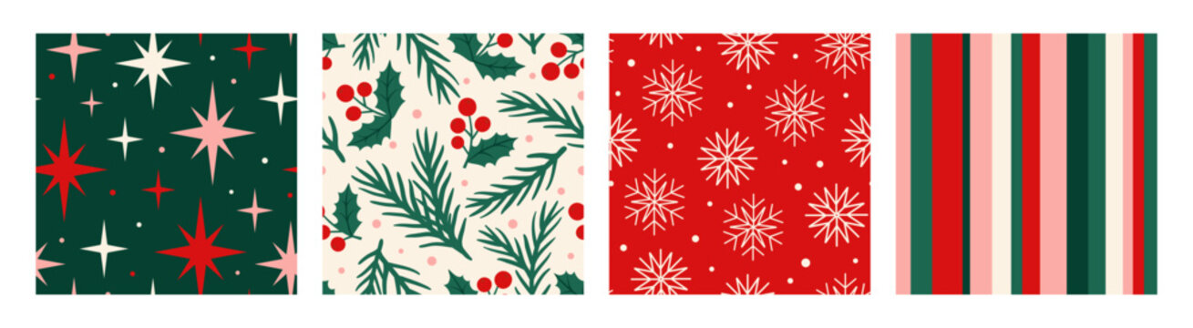 Set of seamless Christmas patterns featuring festive stars, snowflakes, holly berries, evergreen branches and colorful stripes. Flat vector designs in traditional red, green, cream and pink colors for