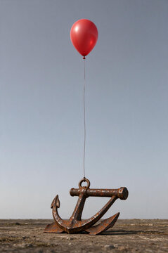 Red balloon tied to a heavy anchor, being held back