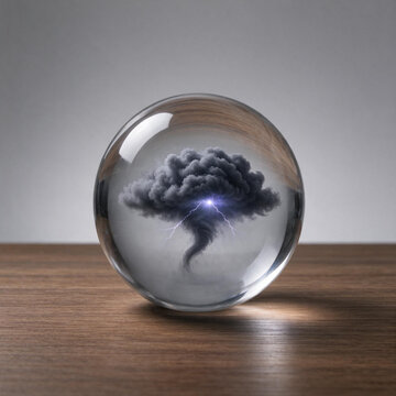 Glass sphere containing a tiny storm cloud, inner turmoil