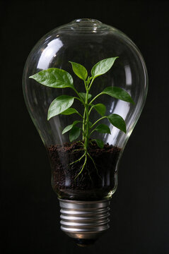 Green plant growing inside a light bulb, growing idea