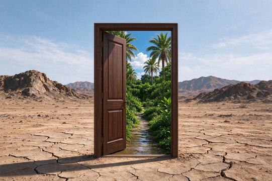 Lone door in a desert opening onto a green garden