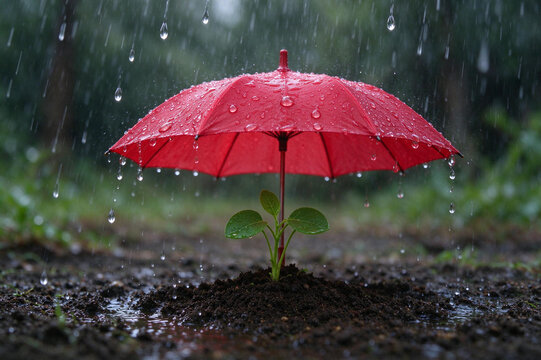 Small umbrella protecting a seedling from heavy rain