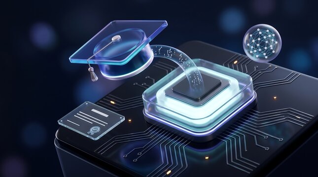 Glass graduation cap icon floating above computer processor chip representing advanced academic technology and digital knowledge transfer in modern computing systems