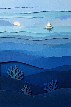 Layered paper-cut deep ocean with a tiny boat on the surface