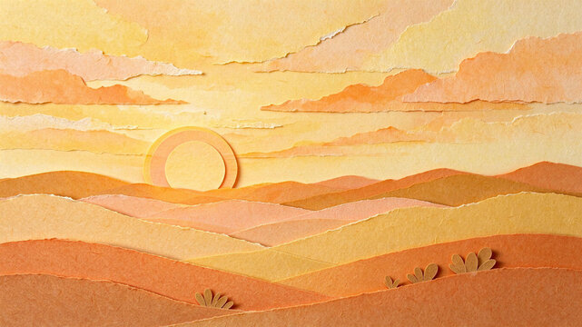 Layered papercraft sunrise over rolling hills, optimism