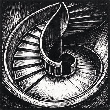 Linocut spiral staircase from above, spiraling thoughts