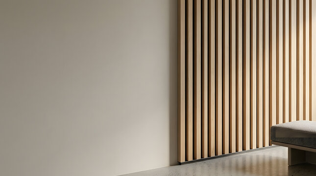 Modern interior wall detail featuring vertical wooden slats and neutral color scheme