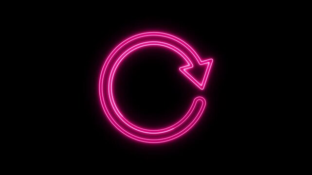 Bright neon pink glowing circular arrow symbol representing refresh or reload action on a black background
