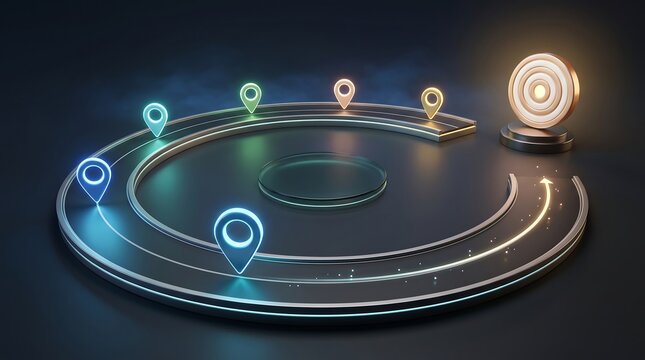 Conceptual 3d illustration showing business strategy path with circular roadmap and multiple location pins leading to a glowing target goal icon on dark minimal background for professional use