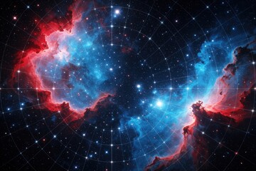 Fototapeta premium Vibrant cosmic nebula with red, blue gas clouds in deep space. Glowing stars, bright light shine through celestial dust. Abstract grid lines overlay galaxy background for science sci-fi design.