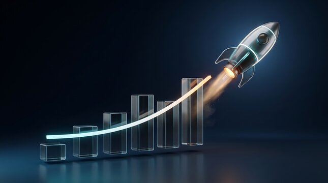 High quality 3D render of a rocket ship blasting off from an ascending glass bar chart on a dark background representing rapid business growth and successful startup performance metrics