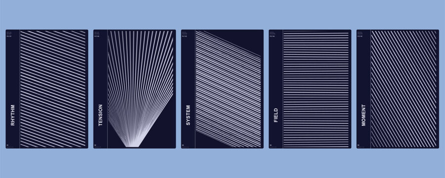Minimalist geometric poster series with white line patterns on dark blue for modern decor.