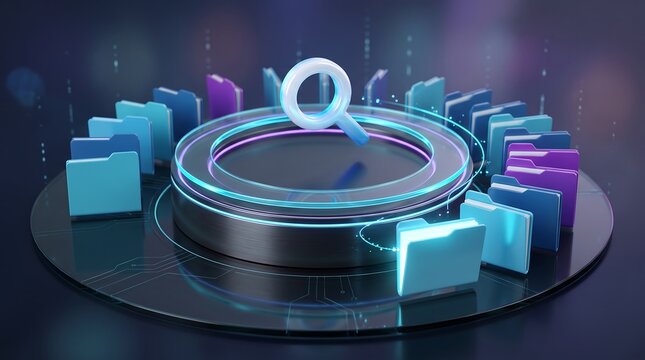 Digital document management system with magnifying glass searching through organized virtual file folders on dark background representing efficient data retrieval and information search