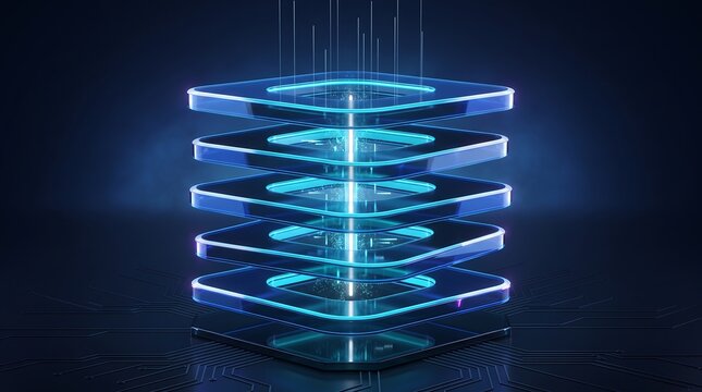 Stacked glass layers forming glowing light cube on circuit board background representing layered data architecture and high performance computing storage technology in futuristic style