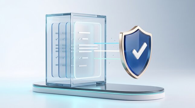 Verified digital document storage inside glass vault with glowing checkmark shield icon representing validated and secure electronic records management for modern business workflow