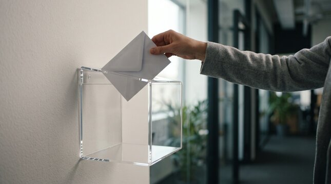 Hand dropping a sealed white envelope into a transparent acrylic suggestion box mounted on an office corridor wall, highlighting internal workplace voting.