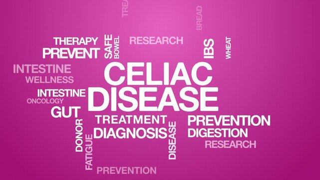 Celiac disease concept Animated Tag Word Cloud kinetic typography, Text Design Animation typography seamless loop video motion graphics Intro Wordart arrangement pink background bg backdrop campaign 