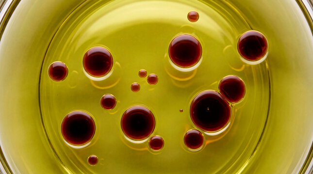 Macro shot of balsamic vinegar droplets floating in extra virgin olive oil