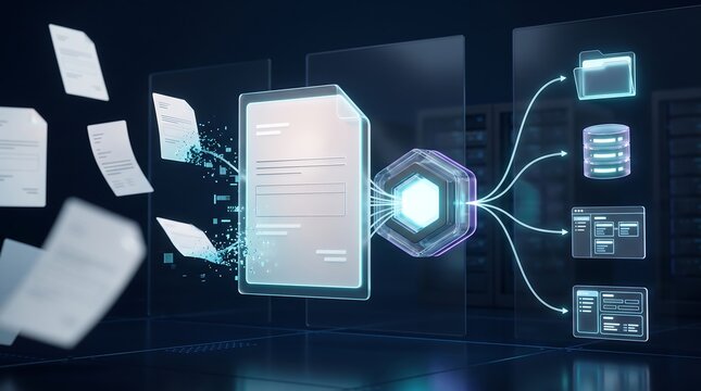 Digital document processing and automated file management system showing data flow into centralized storage database on a dark blue background 3D render for modern business technology