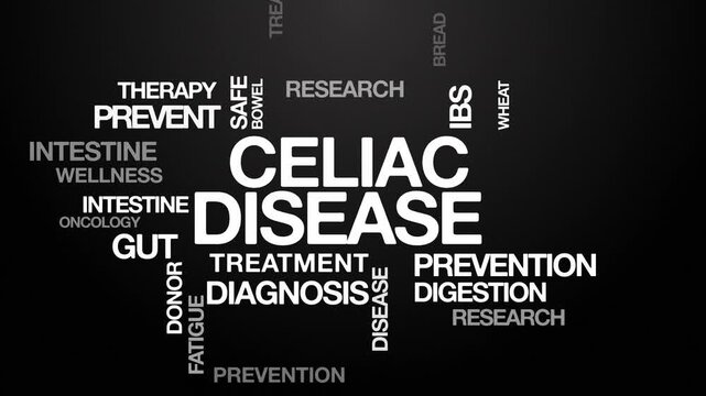 Celiac disease concept Animated Tag Word Cloud kinetic typography, Text Design Animation typography seamless loop video motion graphics Intro Wordart arrangement white type on black background bg back