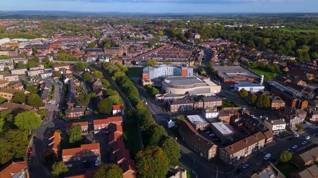 Aerial view of York Barbican entertainment venue and city
