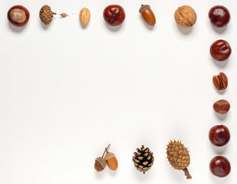Autumn nuts, acorns and pine cones along the edges with large blank space in the centre