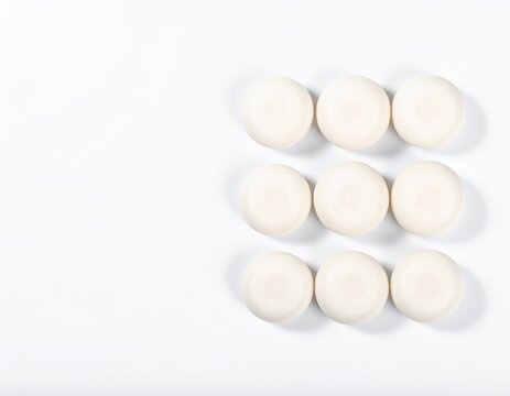 Nine round white rice cakes in a small grid with a very large blank space to the left