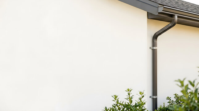 A clean white house exterior wall with a dark metal downspout and green bushes in the garden
